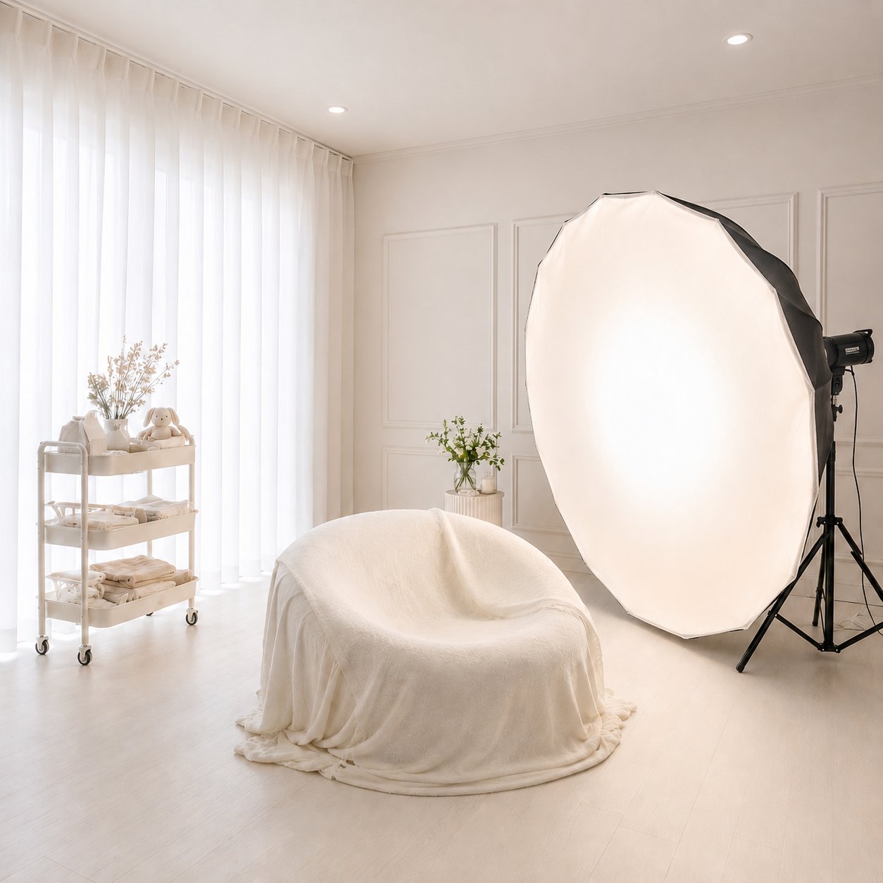 Không gian chụp ảnh newborn tại Teddy Studio — setup đèn chuyên dụng, beanbag và phụ kiện chụp sơ sinh